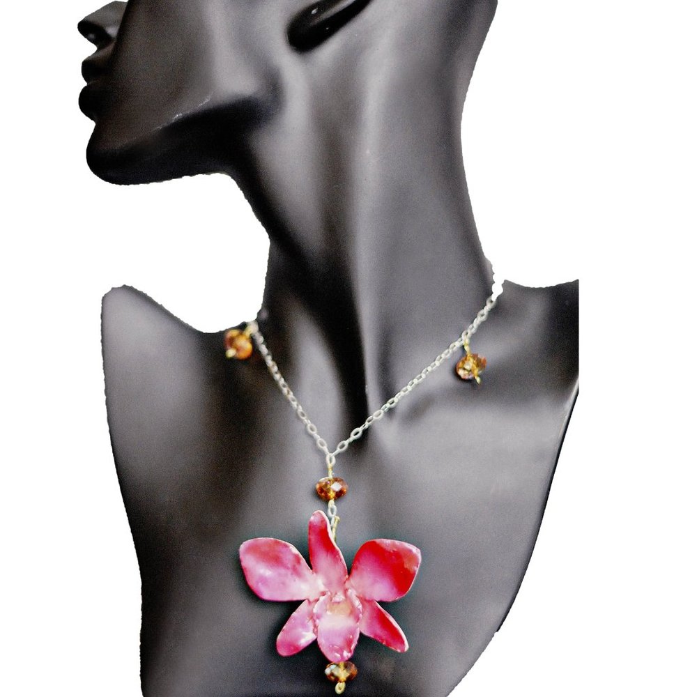 Amber Drops on a Pink Orchid Silver Necklace - Crystals & Real Flower